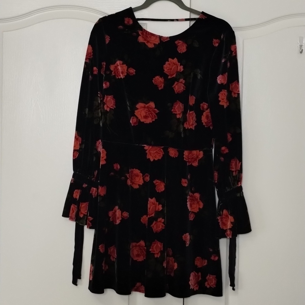 Xhilaration crushed velvet black floral dress, zip back, tie bell sleeve medium